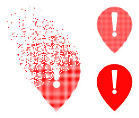 Fototapeta premium Dissolved pixelated notice map pointer vector icon with wind effect, and original vector image. Pixel erosion effect for notice map pointer demonstrates speed and movement of cyberspace abstractions.