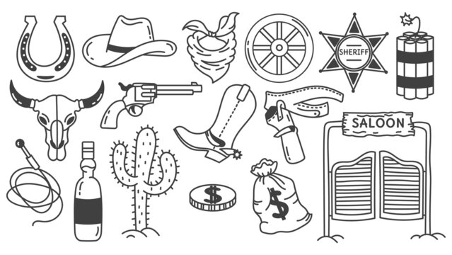 A set of wild west doodle elements. Cowboy boots, hat, saloon, cacti, skull, sheriff's badge. Western. America.
