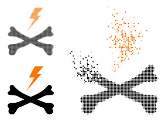 Dissolved dotted electrical hazard vector icon with destruction effect, and original vector image. Pixel destruction effect for electrical hazard demonstrates speed and motion of cyberspace objects.