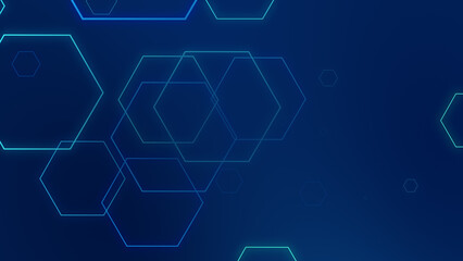 Abstract hexagon geometric blue neon lights technology dark background.