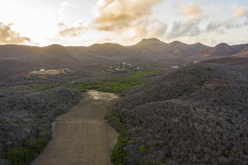 Aerial view of sunrise scenery with ocean and coast around Knip area, Curacao, Caribbean