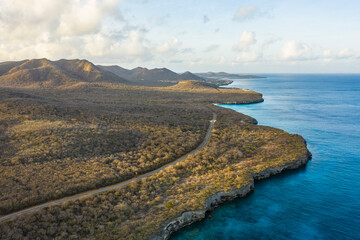 Aerial view of sunrise scenery with ocean and coast around Knip area, Curacao, Caribbean