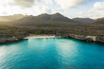 Aerial view of sunrise scenery with ocean and coast around Knip area, Curacao, Caribbean
