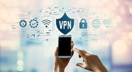 Fototapeta na wymiar VPN concept with person using a smartphone