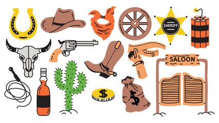 A set of wild west doodle elements. Cowboy boots, hat, saloon, cacti, skull, sheriff's badge. Western. America.