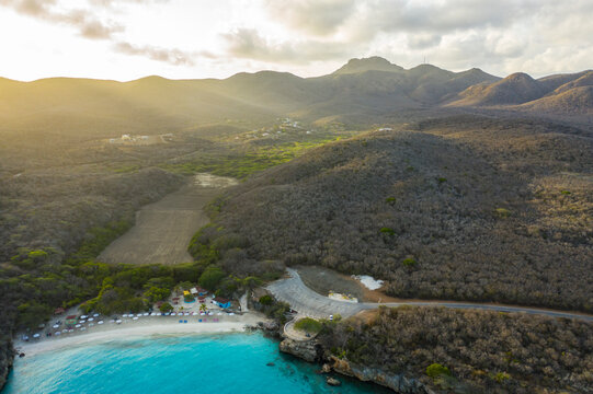 Aerial view of sunrise scenery with ocean and coast around Knip area, Curacao, Caribbean