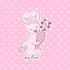 pink rabbit with carrots. vector illustration
