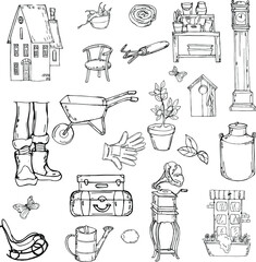 vector illustration,farmhouse set,household items,clock,chair,old gramophone,suitcases,garden shelf,watering can,flower and large flask,for design and decor