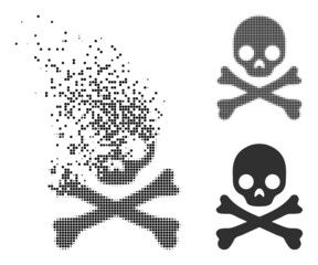 Dissolved pixelated death skull vector icon with destruction effect, and original vector image. Pixel transformation effect for death skull demonstrates speed and motion of cyberspace items.