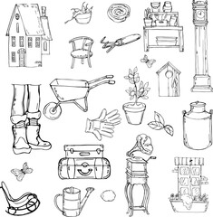 Print illustration handmade,things,objects,tools farm,home.floor clock,garden shelf,flask,gramophone,watering can,chair,gloves,wheelbarrow,wood,pitchfork,boots,home,for design