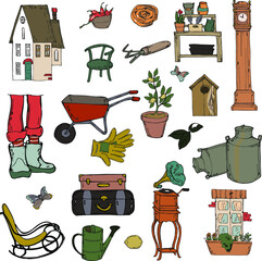 vector illustration handmade,things,objects,tools farm,home.floor clock,garden shelf,flask,gramophone,watering can,chair,gloves,wheelbarrow,wood,pitchfork,boots,home,for design