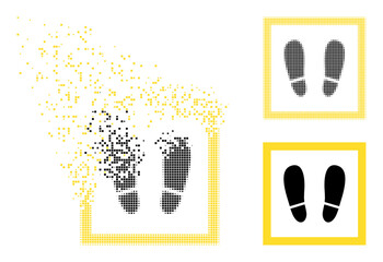 Dissolved pixelated stay here vector icon with destruction effect, and original vector image. Pixel destruction effect for stay here demonstrates speed and movement of cyberspace concepts.