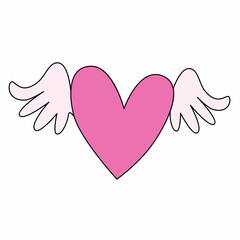 Cute heart with wings in cartoon style. Vector illustration isolated on white background. Symbol of love. Sticker for Valentine's day
