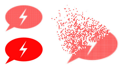 Dispersed dotted emergency message vector icon with wind effect, and original vector image. Pixel disappearing effect for emergency message shows speed and movement of cyberspace abstractions.