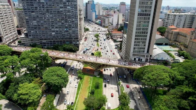 Santa Efigencia Viaduct at downtown Sao Paulo Brazil. Stunning landscape of historic center of city. Medieval buildings and viaducts of historic center of Sao Paulo. Travel destination.