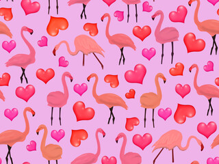 seamless pattern with pink flamingos and hearts on a blue background.