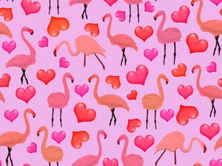 Foto auf Acrylglas Flamingo Nahtloses Muster mit rosa Flamingos und Herzen auf blauem Hintergrund.