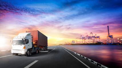 Global business logistics import export background of truck on highway, container cargo freight ship loading at port by crane, transportation Industry concept, Depth blur effect