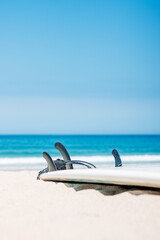Fototapeta na wymiar Surfboard with fins on sand at beach