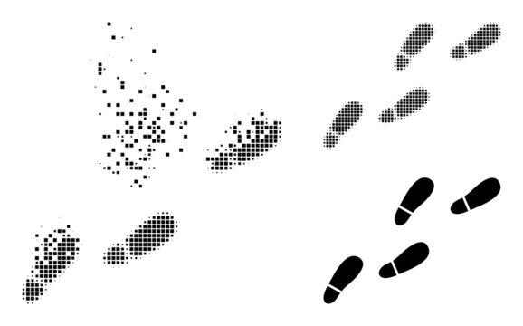 Dispersed dot human footprints trail vector icon with destruction effect, and original vector image. Pixel disappearing effect for human footprints trail shows speed and motion of cyberspace objects.
