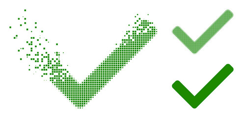 Dispersed dotted accept tick vector icon with wind effect, and original vector image. Pixel dissolving effect for accept tick shows speed and movement of cyberspace things.