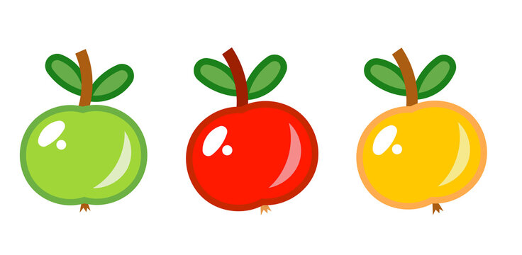 Apple fruit vector drawing set for childish coloring sheets, books. Yellow, green, red colored fruit