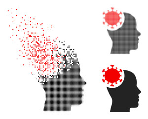 Dispersed pixelated head virus vector icon with destruction effect, and original vector image. Pixel defragmentation effect for head virus demonstrates speed and movement of cyberspace matter.