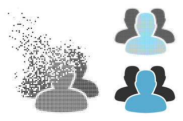 Fractured dotted people vector icon with wind effect, and original vector image. Pixel disappearing effect for people shows speed and motion of cyberspace concepts.