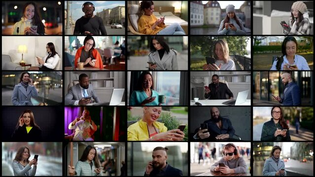 multiscreen with happy people with phones in their hands, different in age and race.
