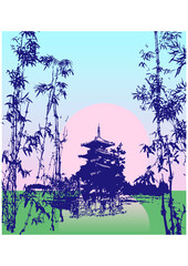 Japanese-style building Bamboo, Japan, Japanese graphics, landscape, Oriental art, stencil