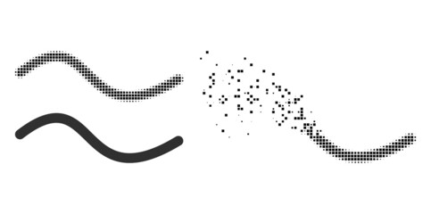 Dispersed dotted wave line vector icon with destruction effect, and original vector image. Pixel defragmentation effect for wave line demonstrates speed and motion of cyberspace abstractions.