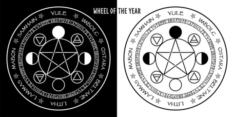 Wheel of the year vector illustration of pagan equinox holidays imbolc, ostara, beltane. Wiccan magical solstice calendar. Futhark runes, cycles of the moon, four elemental elements, Altar poster - obrazy, fototapety, plakaty