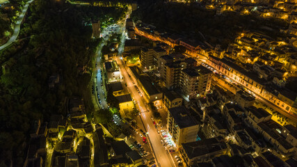 Aerial View of Modica City Centre at Night, Ragusa, Sicily, Italy, Europe