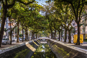 Canal de água pluvial com árvores em volta na cidade Santos SP no Brasil