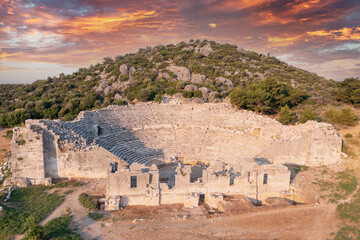 Patara (Pttra). Ruins of the ancient Lycian city Patara. Amphi-theatre and the  assembly hall of Lycia public. Patara was at the Lycia (Lycian) League's capital. Aerial view shooting. Antalya, TURKEY