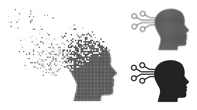 Dispersed dot mind interface vector icon with destruction effect, and original vector image. Pixel dissolving effect for mind interface shows speed and motion of cyberspace objects.