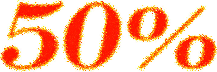 Burning fiery numbers with swirls, 50%. Volumetric three-dimensional figures with fiery brags along the contour. Vector. Ability to change to any size without loss of quality.