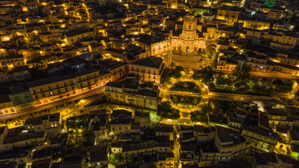 Aerial View of Modica City Centre at Night, Ragusa, Sicily, Italy, Europe
