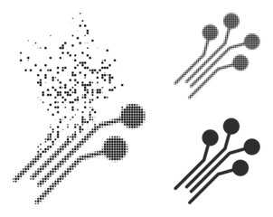 Fractured dotted circuit connectors vector icon with destruction effect, and original vector image. Pixel destruction effect for circuit connectors demonstrates speed and motion of cyberspace items.