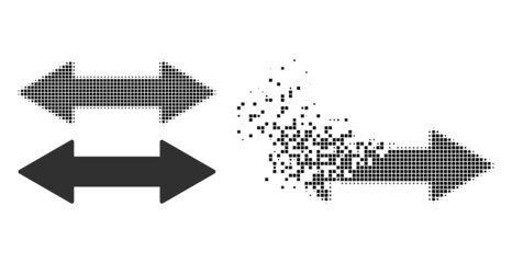 Dispersed pixelated horizontal exchange arrow vector icon with destruction effect, and original vector image.