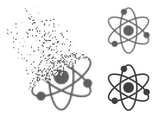 Dissolved dotted atom electrons vector icon with destruction effect, and original vector image. Pixel mist effect for atom electrons shows speed and motion of cyberspace concepts.