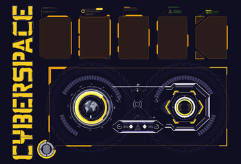 Fototapeta premium Futuristic poster set abstract cosmic shapes. Digital design elements hud style. Bar labels,info box bars. Futuristic info boxes layout templates cyberpunk style.