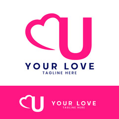 U letter logo with heart icon, valentines day concept