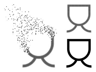Dissolved dotted mug vector icon with destruction effect, and original vector image. Pixel burst effect for mug shows speed and motion of cyberspace items.
