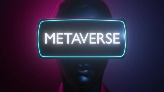A virtual reality headset with metaverse letters animation