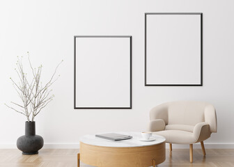 Two empty vertical picture frames on white wall in modern living room. Mock up interior in contemporary style. Free space for picture, poster. Armchair, table, vase. 3D rendering.