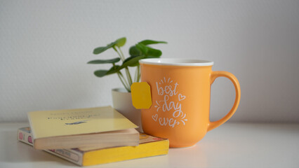 Tasse de thé jaune, plante verte et livres sur fond blanc