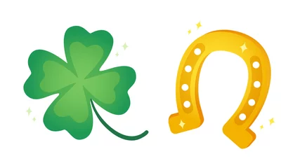 Fotobehang Vector set icons of lucky clover and horseshoe or Patrick's day. © Serazetdinov