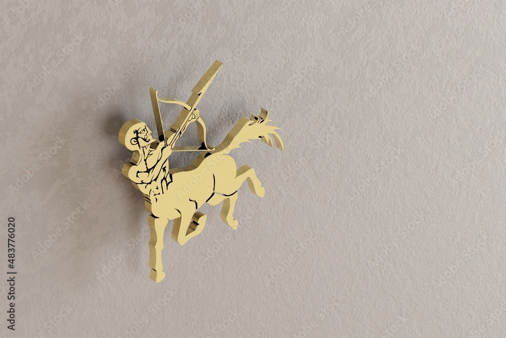 Poster golden zodiac sign sagittarius on a white wall background. 3d rendering illustration. abstract conte