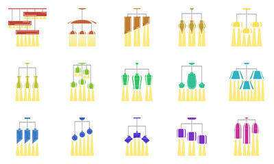 A ceiling lamp made of several elements of different colors and shapes with rays of light, a chandelier for lighting the room. Home interior. Lamp design.  Set of vector icons, flat, isolated